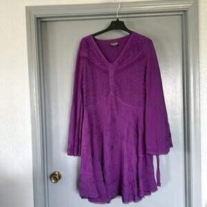 Holy Clothing XL Purple Midi Dress Floral Embroidery Long Flare Sleeves Crochet